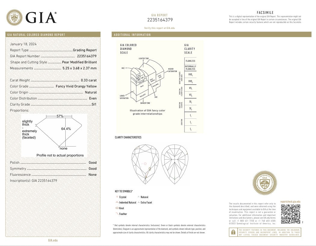 0.33 Carat Fancy Vivid Yellow Pear Diamond SI1 GIA