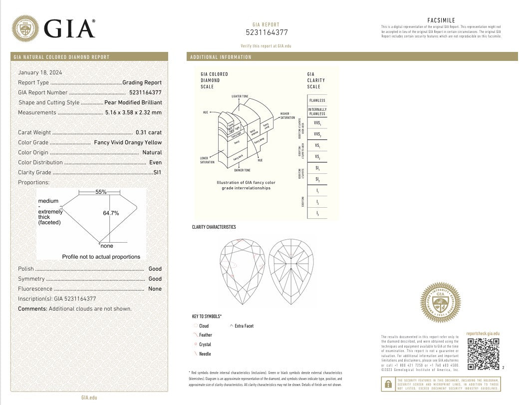 0.33 Carat Fancy Vivid Yellow Pear Diamond SI1 GIA