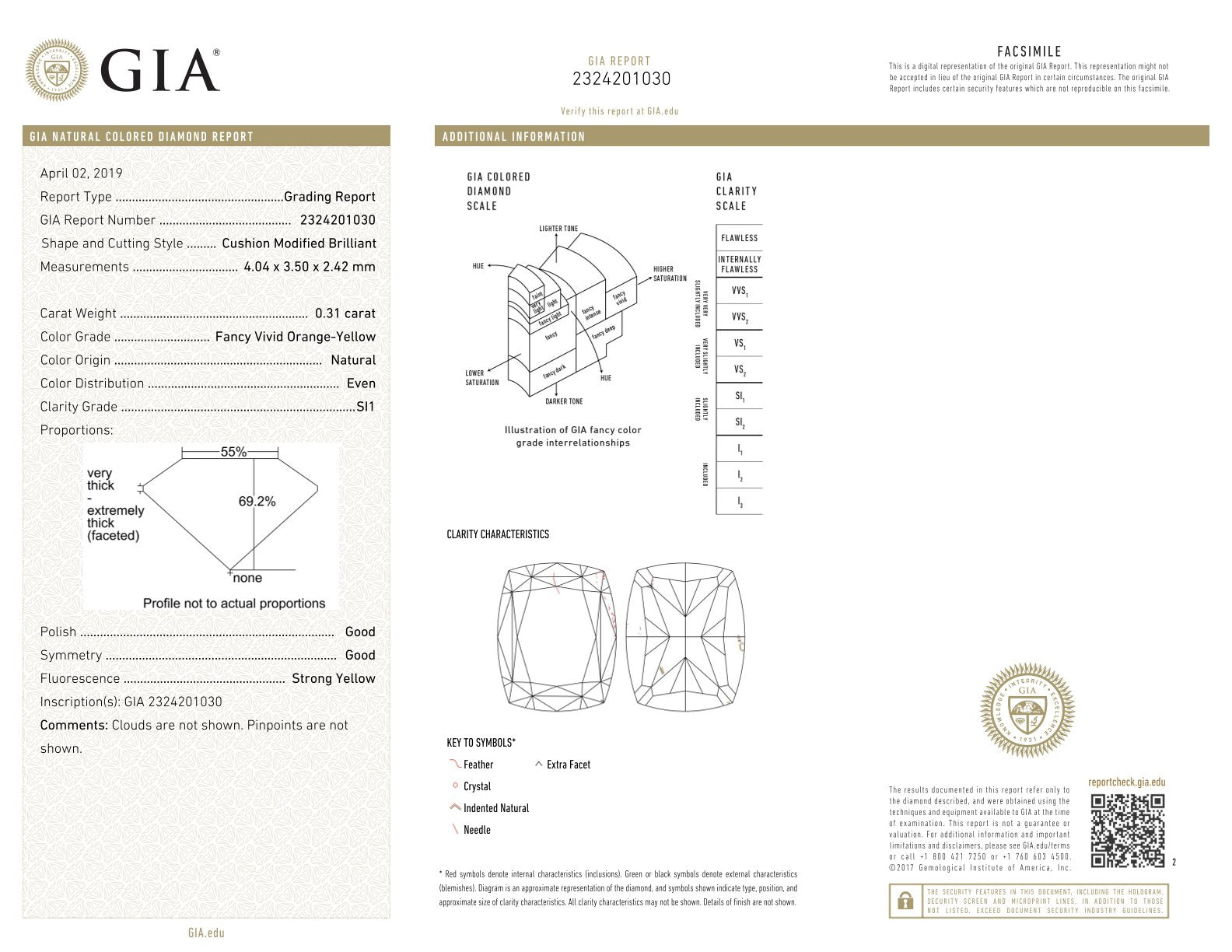 0.31 Carat Fancy Vivid Yellow-Orange Cushion Diamond SI1 GIA