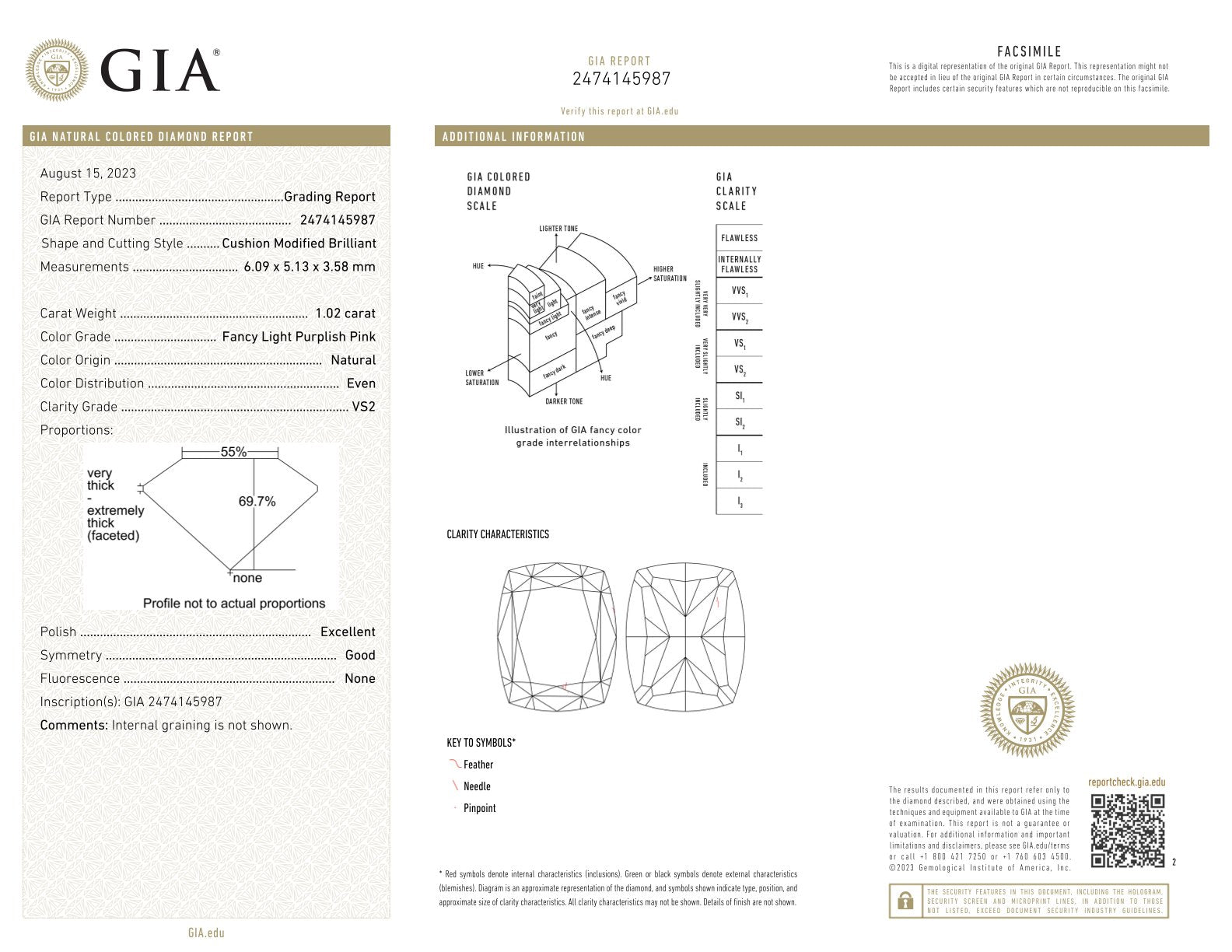 1.02 Carat Fancy Light Pink Cushion Diamond VS2 GIA