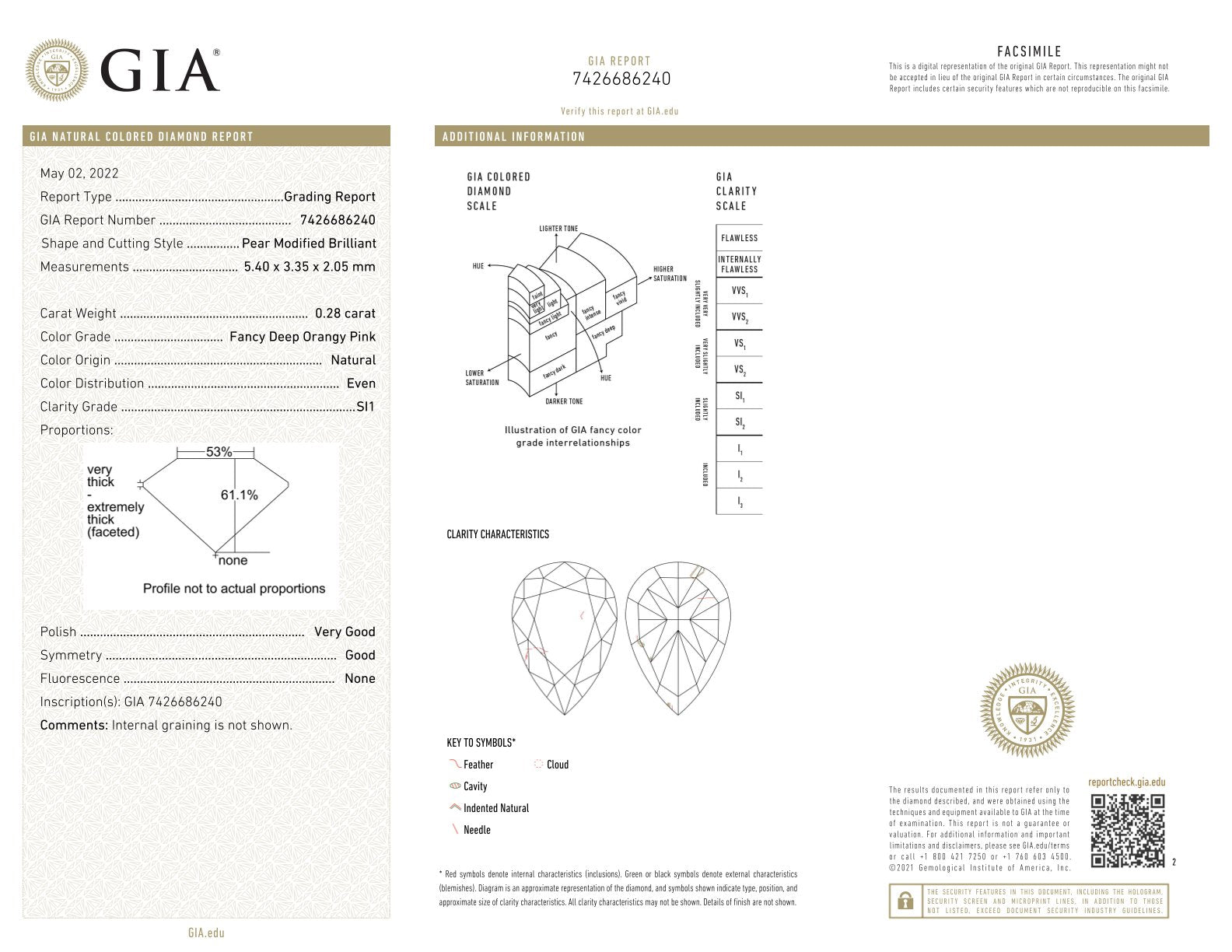 0.28 Carat Fancy Deep Pink Pear Diamond SI1 GIA