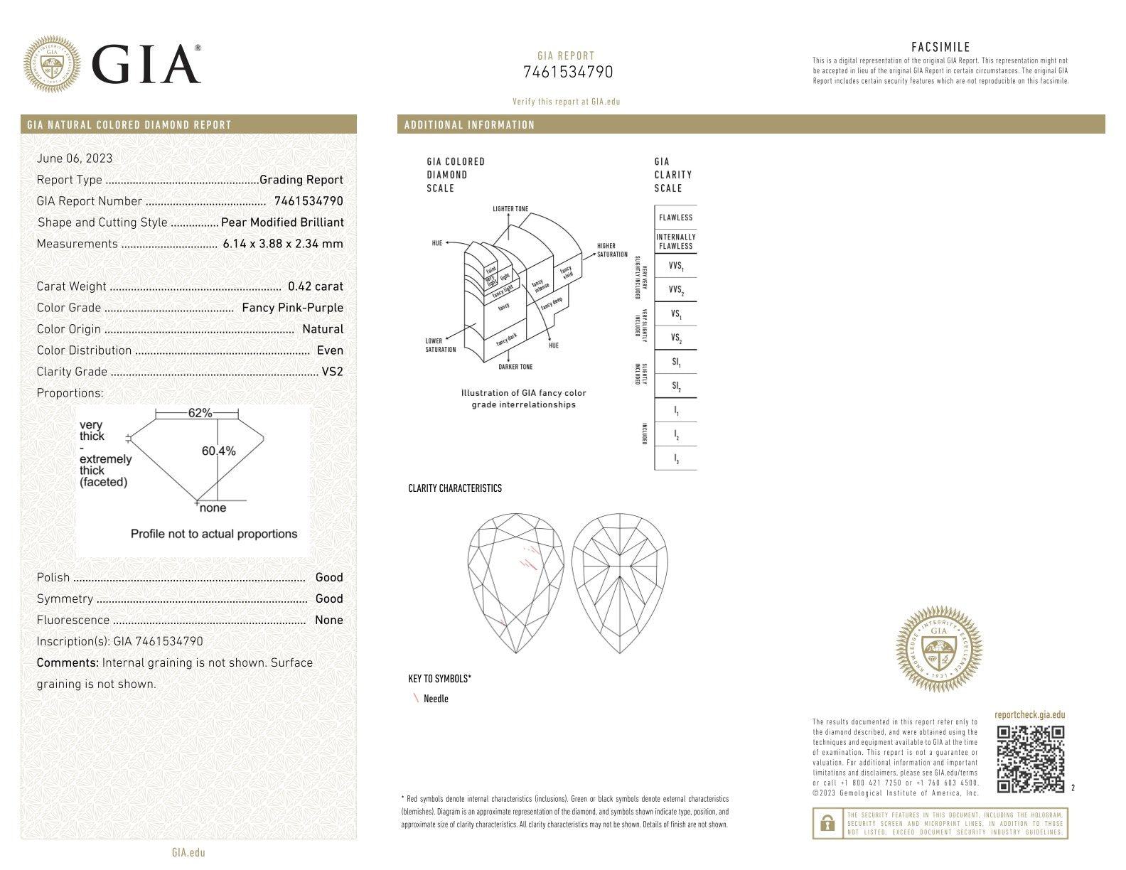 0.42 Carat Fancy Pink-Purple Pear Diamond VS2 GIA
