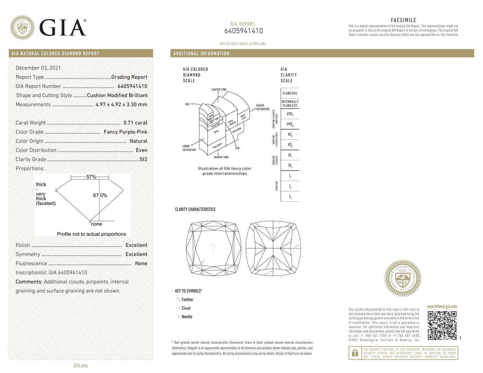0.71 Carat Fancy Purple-Pink Cushion Diamond SI2 GIA