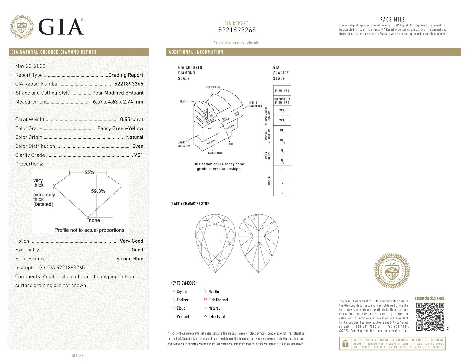 0.55 Carat Fancy Green - Yellow Pear Diamond VS1 GIA