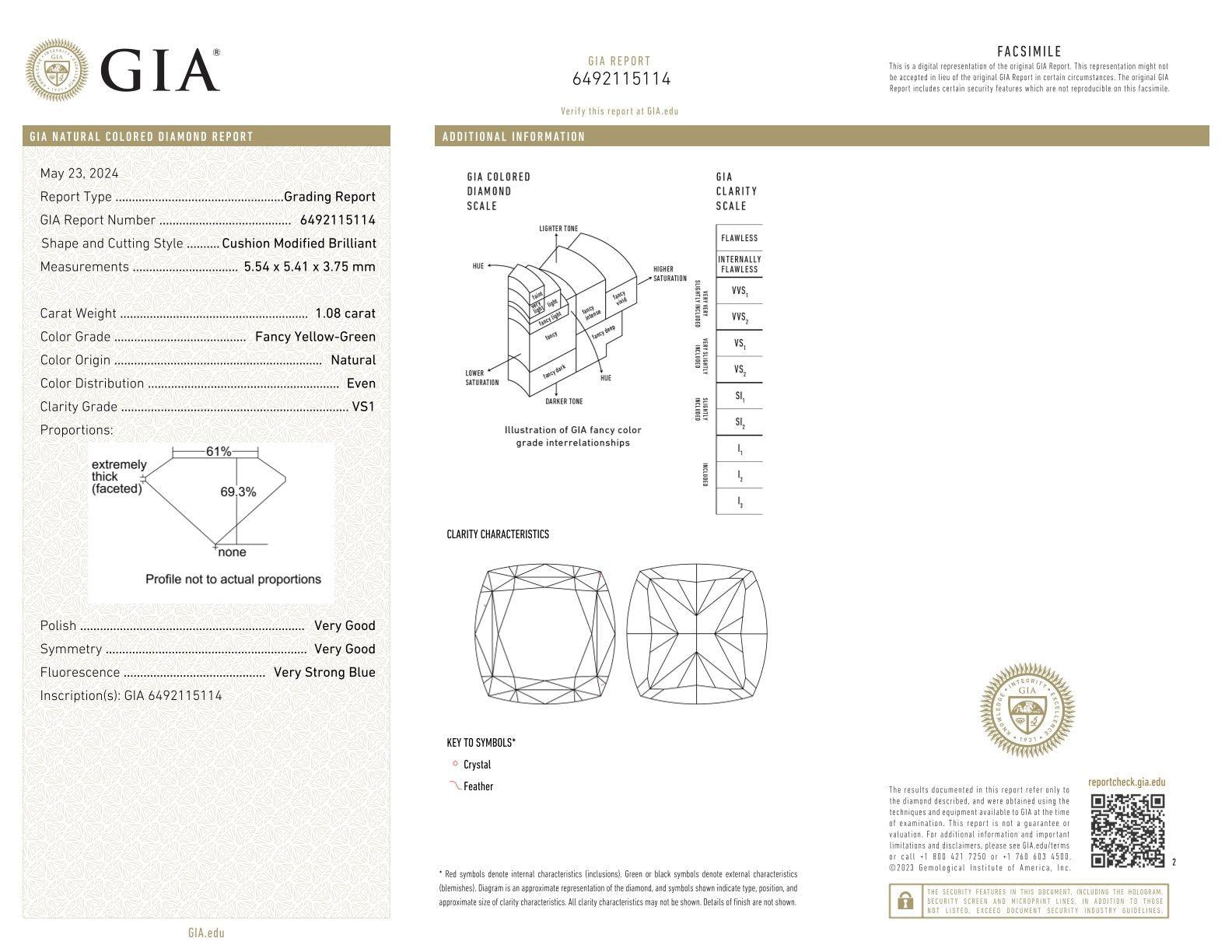 1.08 Carat Fancy Yellow - Green Cushion Diamond VS1 GIA