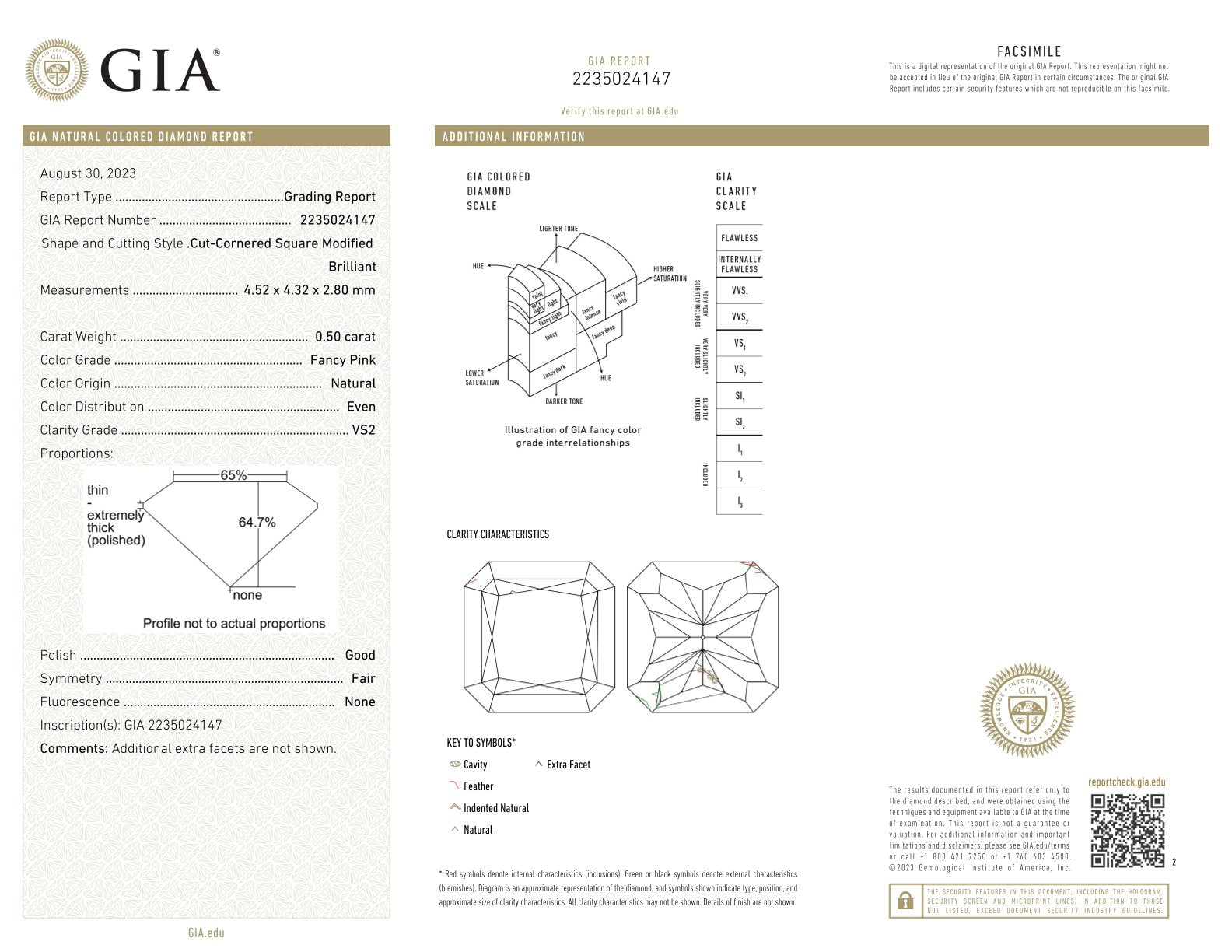 0.50 Carat Fancy Pink Square Radiant Diamond VS2 GIA
