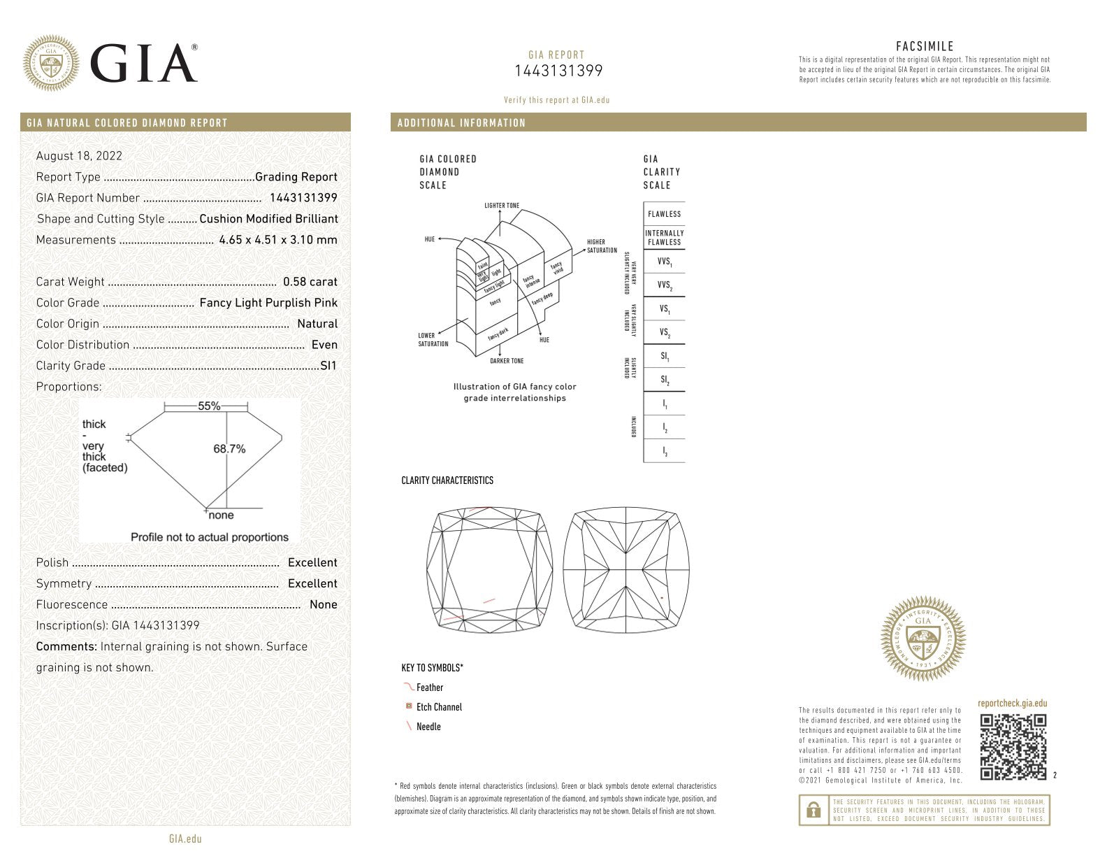 0.58 Carat Fancy Light Pink Cushion Diamond SI1 GIA